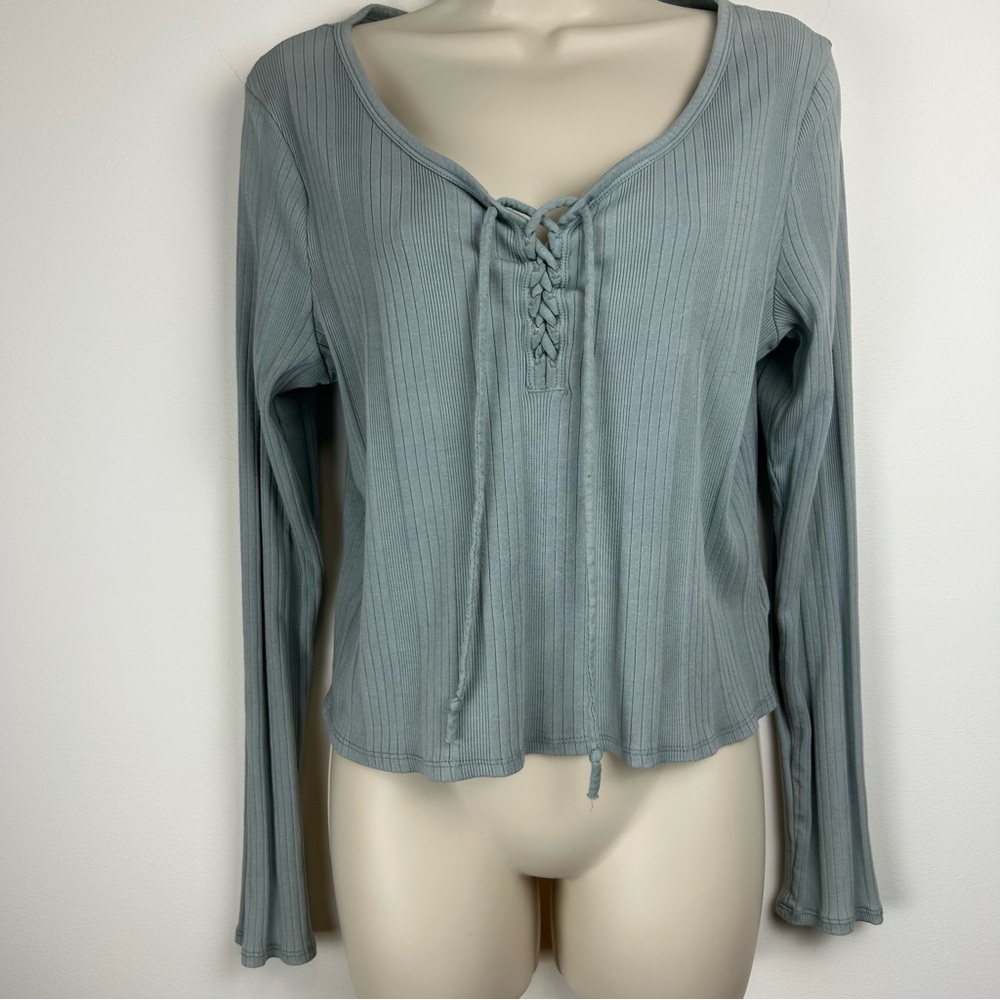 Lucky Brand Women's Lace-Up Ribbed Top Mossy Green sz L Gorpcore Y2K Bella Swan